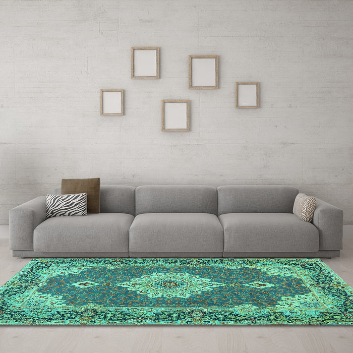 Machine Washable Medallion Turquoise Traditional Area Rugs in a Living Room,, wshtr528turq
