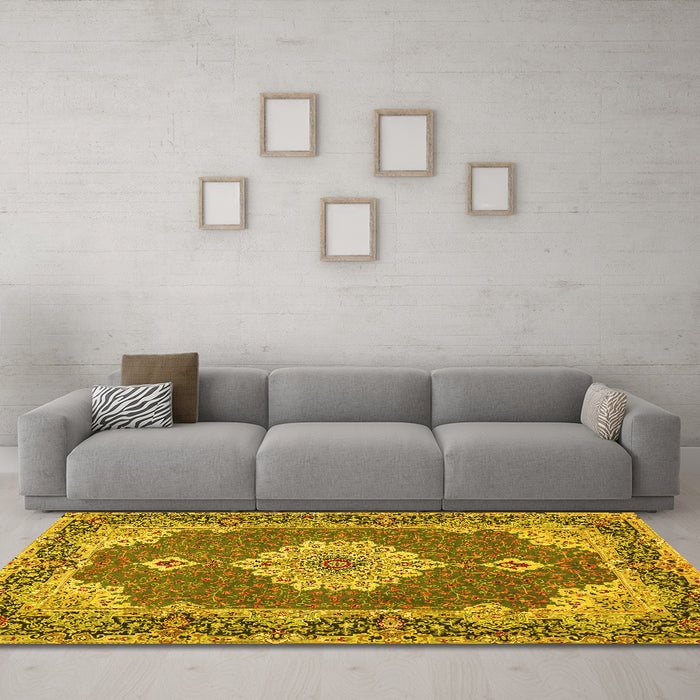 Machine Washable Medallion Yellow Traditional Rug in a Living Room, wshtr528yw