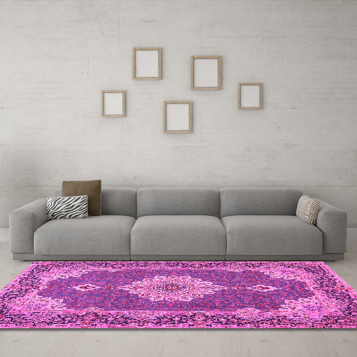 Machine Washable Medallion Pink Traditional Rug in a Living Room, wshtr528pnk