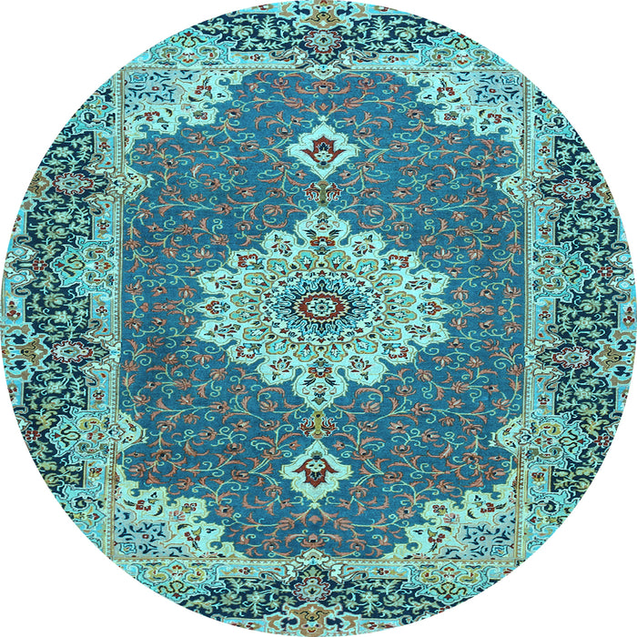 Round Machine Washable Medallion Light Blue Traditional Rug, wshtr528lblu
