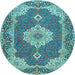 Round Machine Washable Medallion Light Blue Traditional Rug, wshtr528lblu