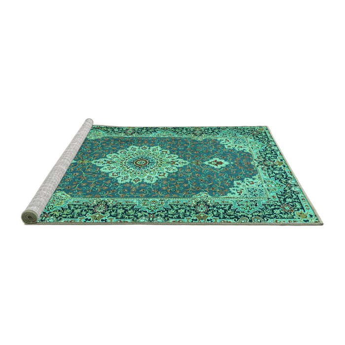 Sideview of Machine Washable Medallion Turquoise Traditional Area Rugs, wshtr528turq