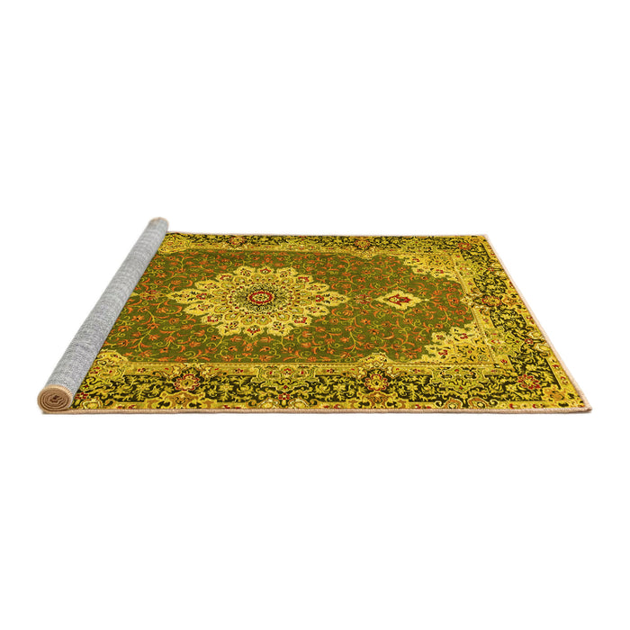 Sideview of Machine Washable Medallion Yellow Traditional Rug, wshtr528yw