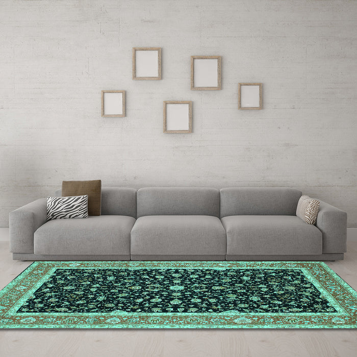 Machine Washable Persian Turquoise Traditional Area Rugs in a Living Room,, wshtr52turq