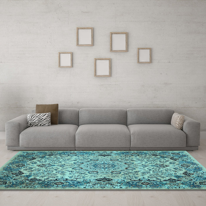 Machine Washable Medallion Light Blue Traditional Rug in a Living Room, wshtr530lblu