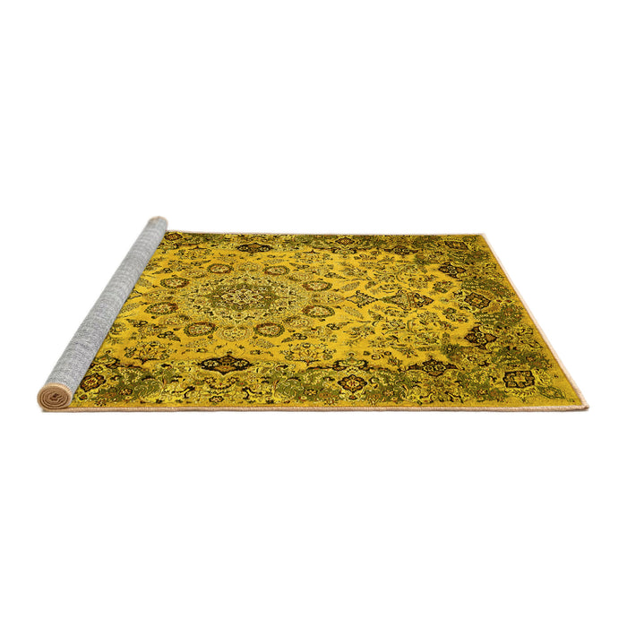 Sideview of Machine Washable Medallion Yellow Traditional Rug, wshtr530yw