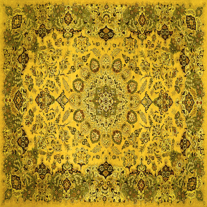 Square Machine Washable Medallion Yellow Traditional Rug, wshtr530yw