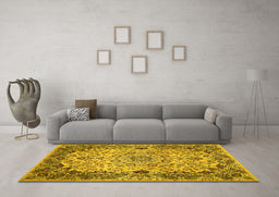 Machine Washable Medallion Yellow Traditional Rug in a Living Room, wshtr530yw