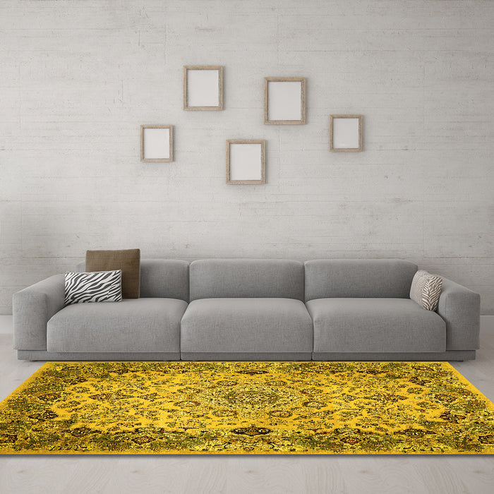 Machine Washable Medallion Yellow Traditional Rug in a Living Room, wshtr530yw