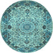 Round Machine Washable Medallion Light Blue Traditional Rug, wshtr530lblu