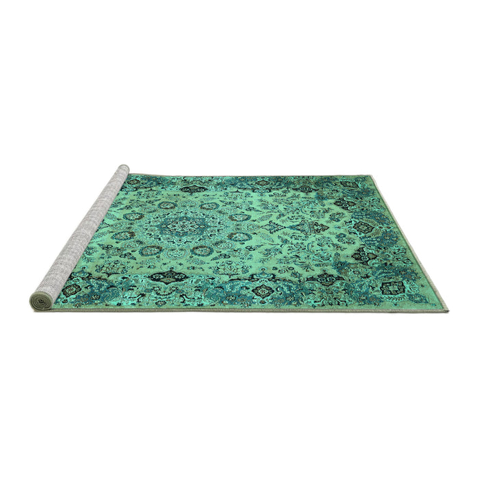 Sideview of Machine Washable Medallion Turquoise Traditional Area Rugs, wshtr530turq