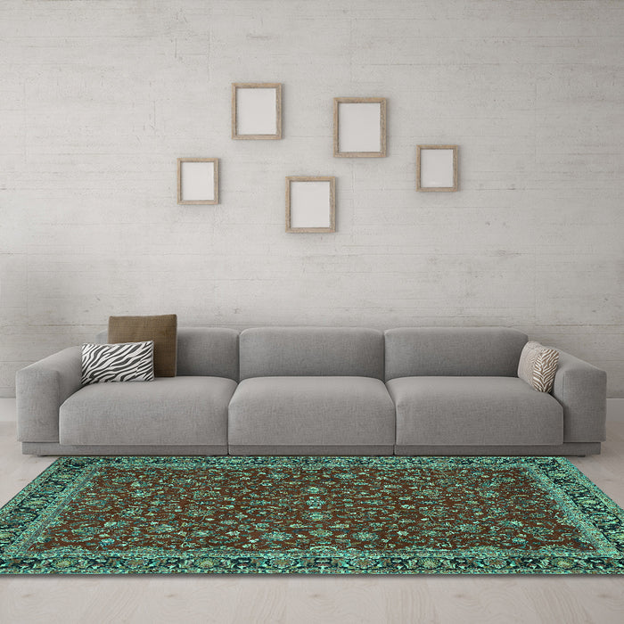 Machine Washable Persian Turquoise Traditional Area Rugs in a Living Room,, wshtr531turq