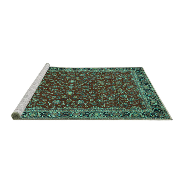 Sideview of Machine Washable Persian Turquoise Traditional Area Rugs, wshtr531turq