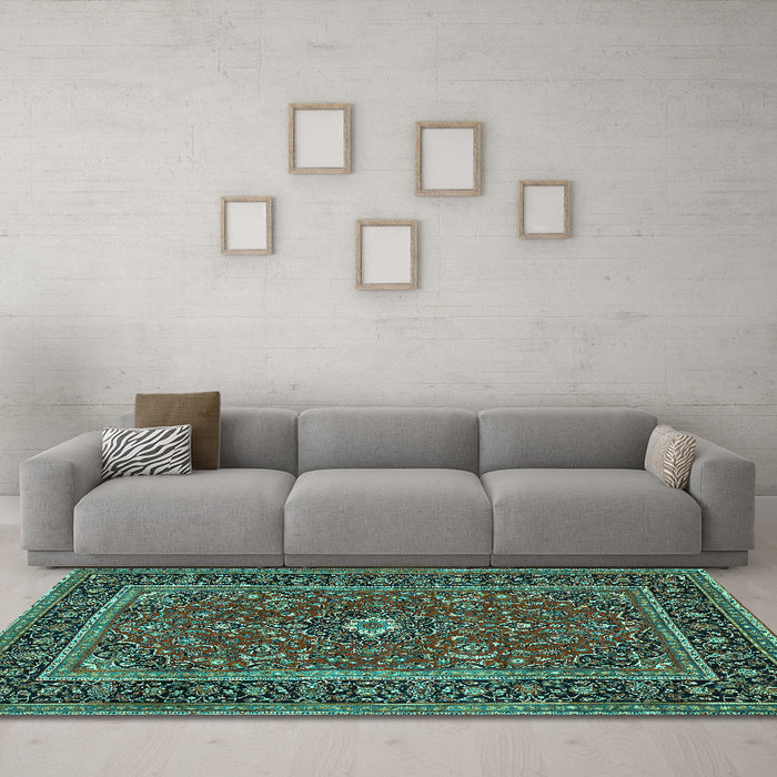 Machine Washable Persian Turquoise Traditional Area Rugs in a Living Room,, wshtr532turq