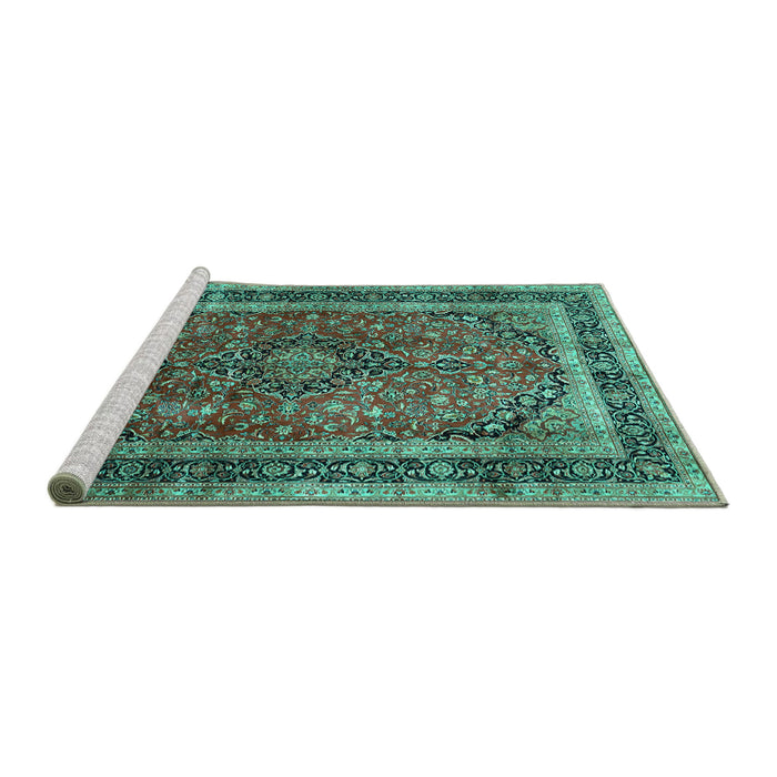 Sideview of Machine Washable Persian Turquoise Traditional Area Rugs, wshtr533turq