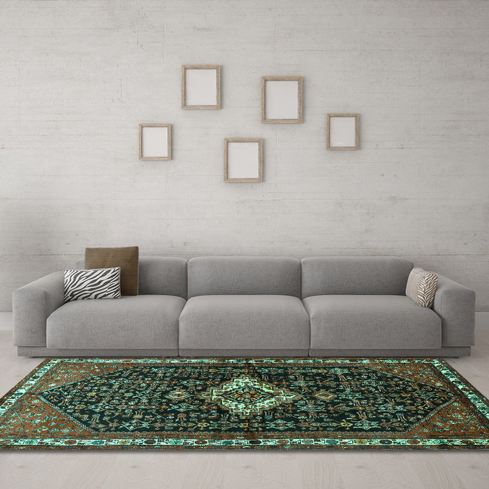 Machine Washable Persian Turquoise Traditional Area Rugs in a Living Room,, wshtr534turq