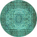 Round Machine Washable Medallion Turquoise Traditional Area Rugs, wshtr535turq