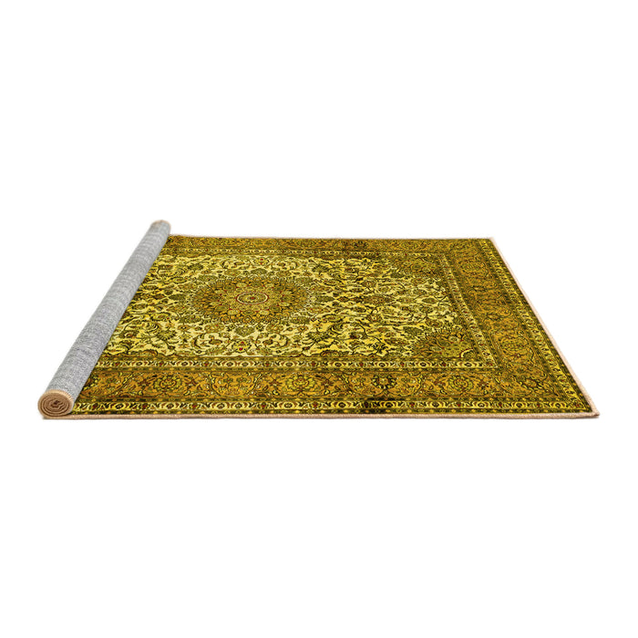 Sideview of Machine Washable Medallion Yellow Traditional Rug, wshtr535yw