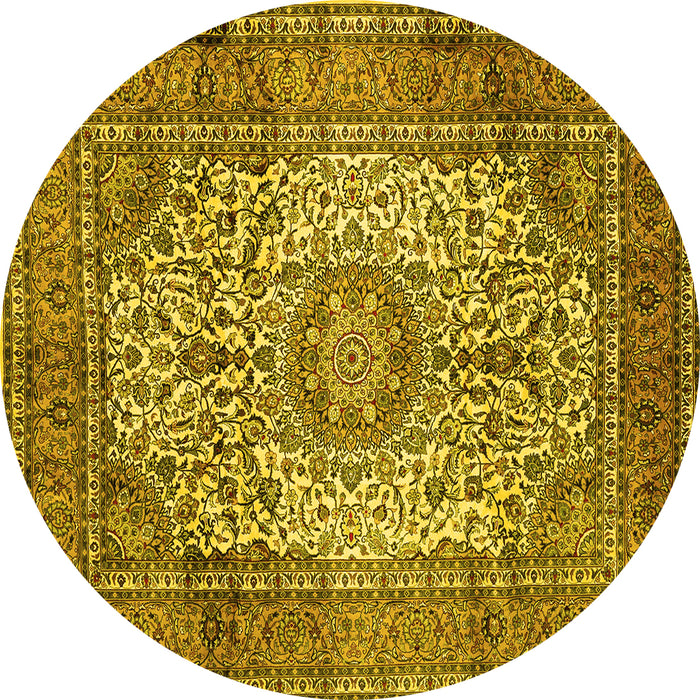 Round Machine Washable Medallion Yellow Traditional Rug, wshtr535yw