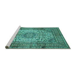 Sideview of Machine Washable Medallion Turquoise Traditional Area Rugs, wshtr535turq