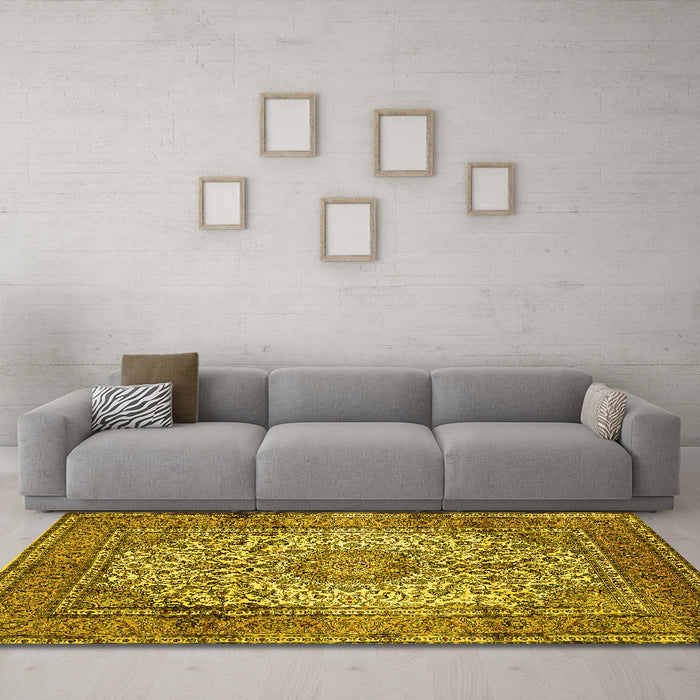 Machine Washable Medallion Yellow Traditional Rug in a Living Room, wshtr535yw