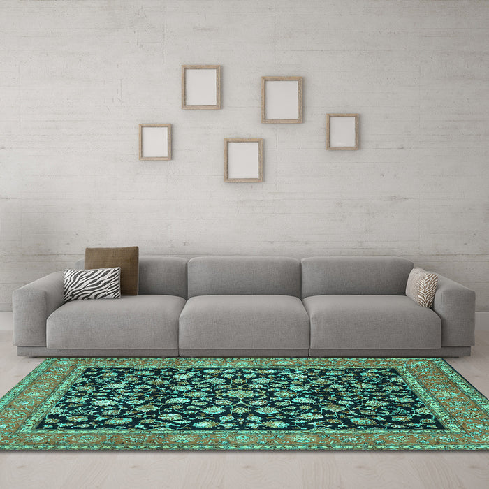 Machine Washable Persian Turquoise Traditional Area Rugs in a Living Room,, wshtr536turq