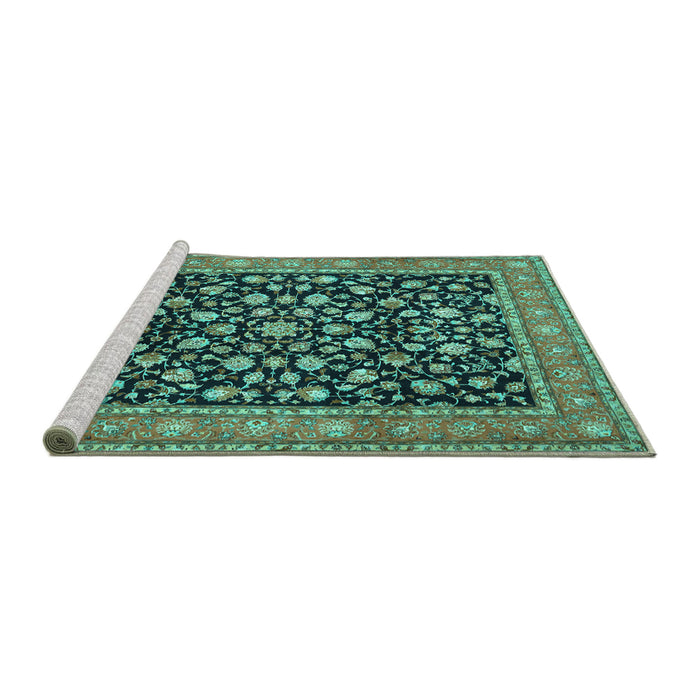 Sideview of Machine Washable Persian Turquoise Traditional Area Rugs, wshtr536turq