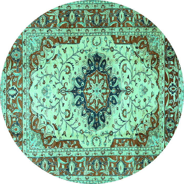 Round Machine Washable Medallion Turquoise Traditional Area Rugs, wshtr542turq