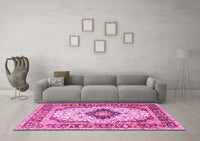 Machine Washable Medallion Pink Traditional Rug, wshtr542pnk