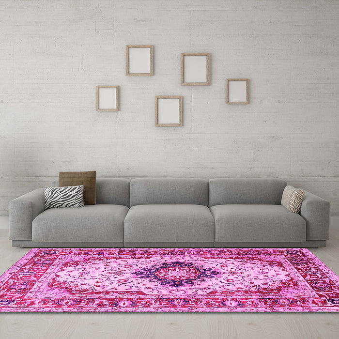 Machine Washable Medallion Pink Traditional Rug in a Living Room, wshtr542pnk