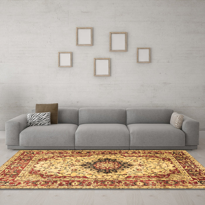 Machine Washable Medallion Brown Traditional Rug in a Living Room,, wshtr542brn