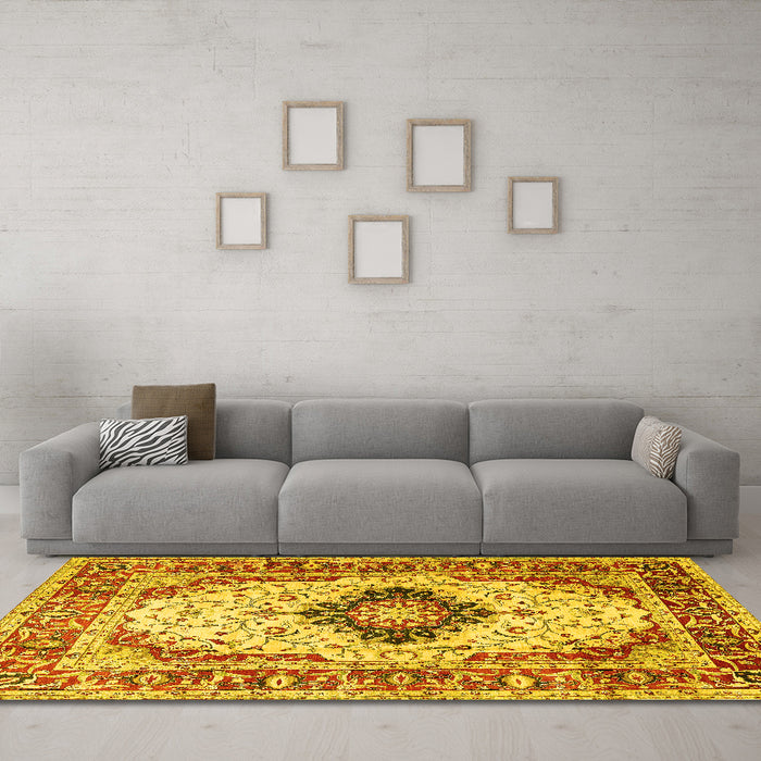 Machine Washable Medallion Yellow Traditional Rug in a Living Room, wshtr542yw