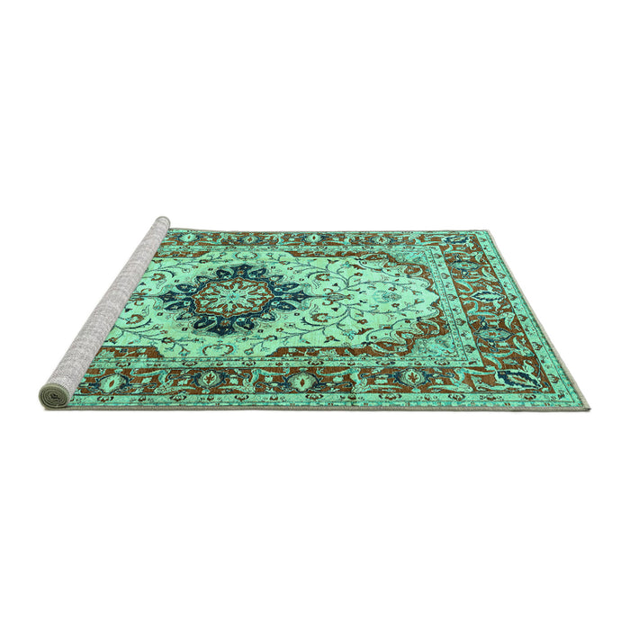 Sideview of Machine Washable Medallion Turquoise Traditional Area Rugs, wshtr542turq