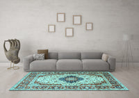 Machine Washable Medallion Light Blue Traditional Rug, wshtr542lblu