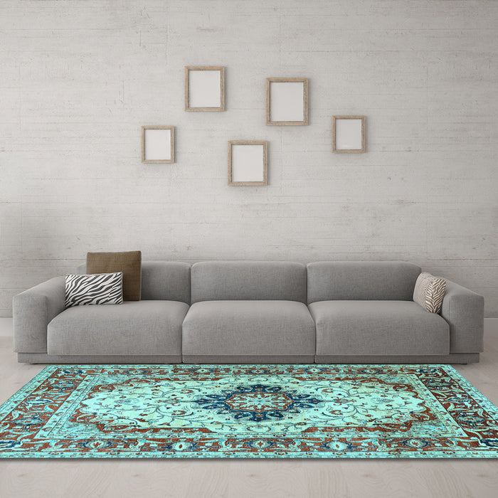 Machine Washable Medallion Light Blue Traditional Rug in a Living Room, wshtr542lblu