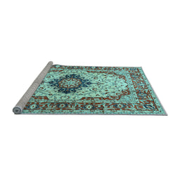 Sideview of Machine Washable Medallion Light Blue Traditional Rug, wshtr542lblu