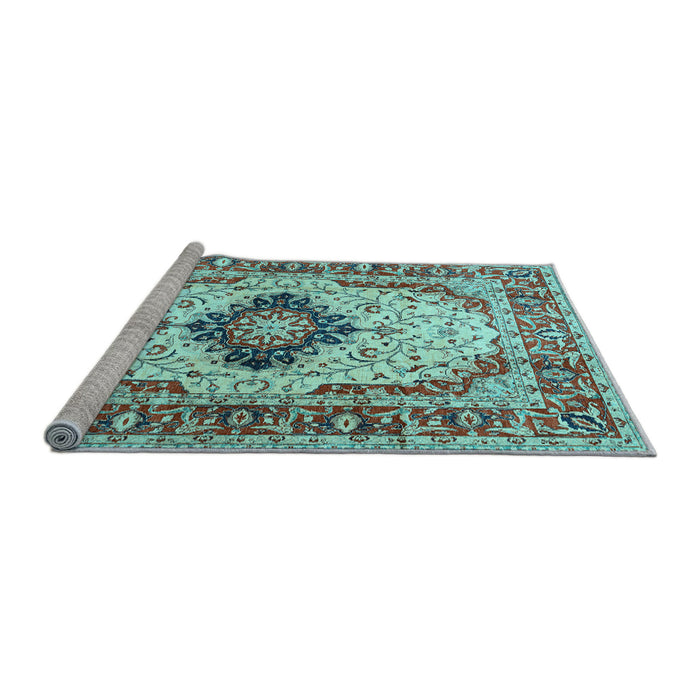 Sideview of Machine Washable Medallion Light Blue Traditional Rug, wshtr542lblu