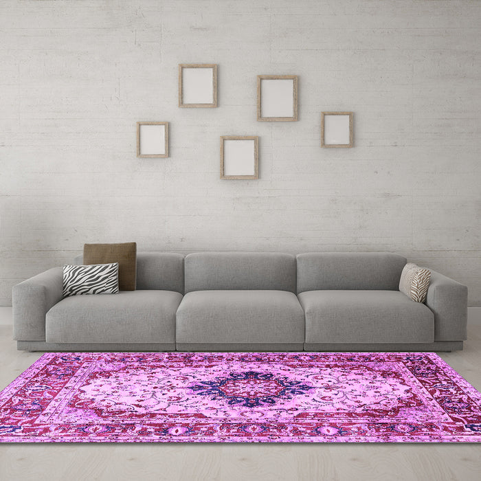 Machine Washable Medallion Purple Traditional Area Rugs in a Living Room, wshtr542pur