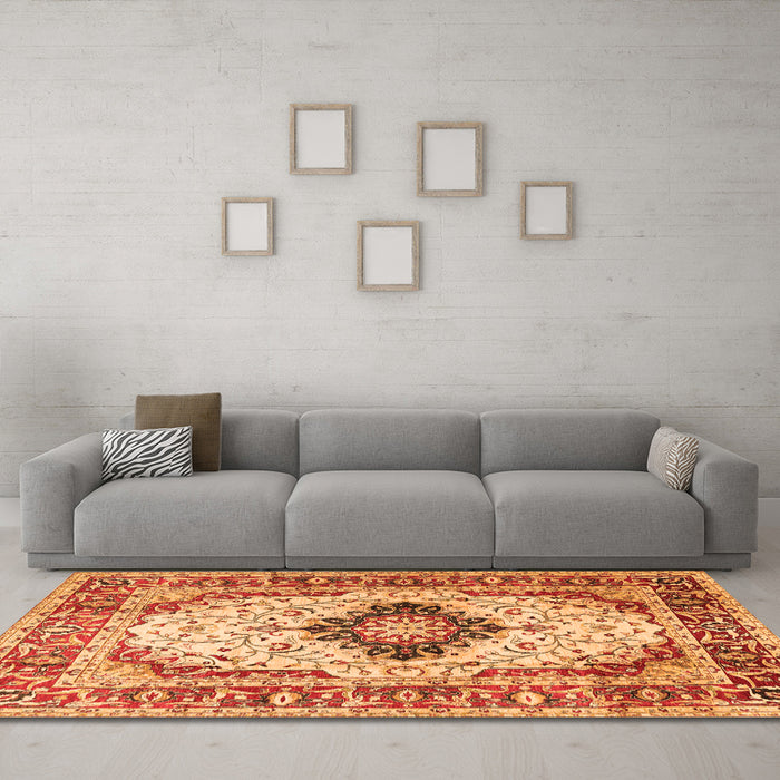 Machine Washable Medallion Orange Traditional Area Rugs in a Living Room, wshtr542org