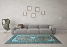 Machine Washable Medallion Light Blue Traditional Rug in a Living Room, wshtr545lblu