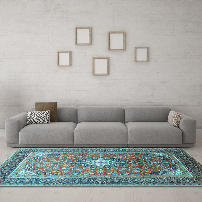 Machine Washable Medallion Light Blue Traditional Rug in a Living Room, wshtr545lblu