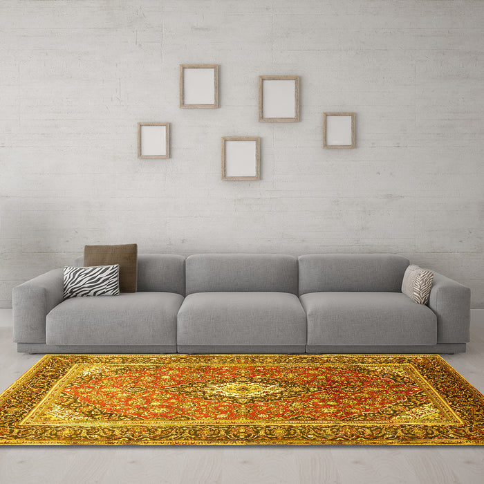 Machine Washable Medallion Yellow Traditional Rug in a Living Room, wshtr545yw