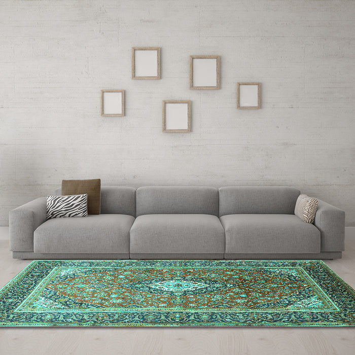 Machine Washable Medallion Turquoise Traditional Area Rugs in a Living Room,, wshtr545turq