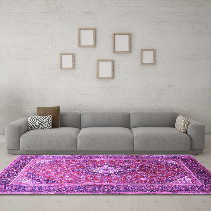 Machine Washable Medallion Purple Traditional Area Rugs in a Living Room, wshtr545pur