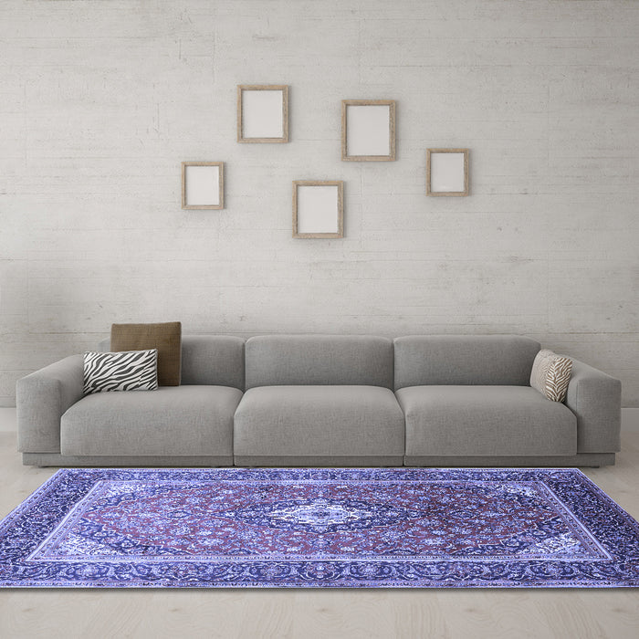 Machine Washable Medallion Blue Traditional Rug in a Living Room, wshtr545blu
