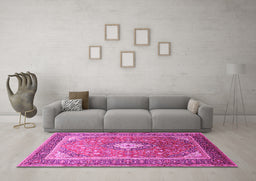 Machine Washable Medallion Pink Traditional Rug in a Living Room, wshtr545pnk