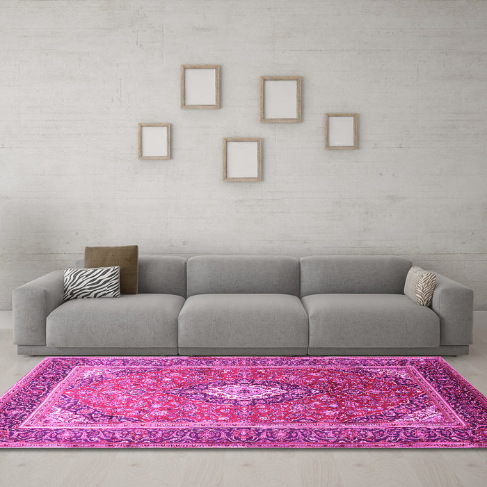 Machine Washable Medallion Pink Traditional Rug in a Living Room, wshtr545pnk