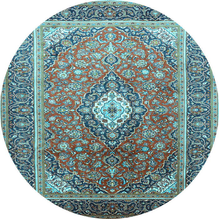 Round Machine Washable Medallion Light Blue Traditional Rug, wshtr545lblu