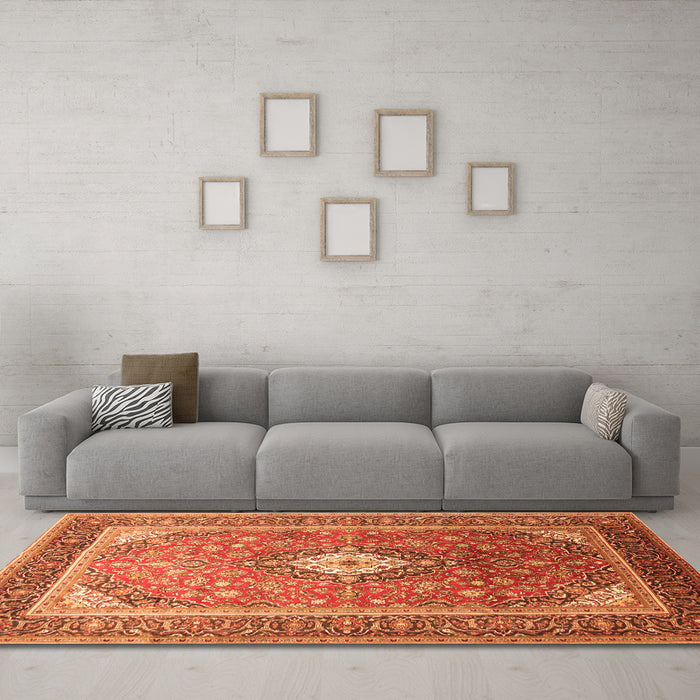 Machine Washable Medallion Orange Traditional Area Rugs in a Living Room, wshtr545org