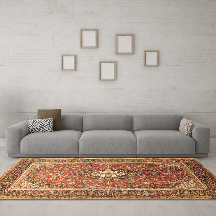 Machine Washable Medallion Brown Traditional Rug in a Living Room,, wshtr545brn